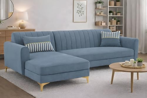 Image of Adorn India Premium Luster 6 Seater L Shape Sofa Set | Velvet Suede Fabric | 3-Year Warranty | LHS |Color Grey with Golden Legs & Striped Pattern Cushion
