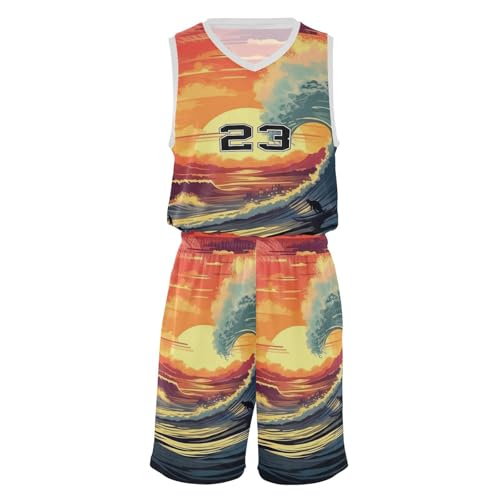FLildon Beach Surfer Riding Waves Boys Basketball Jersey Set Tank Top Shorts Tracksuit Sport Training Suit for Kids