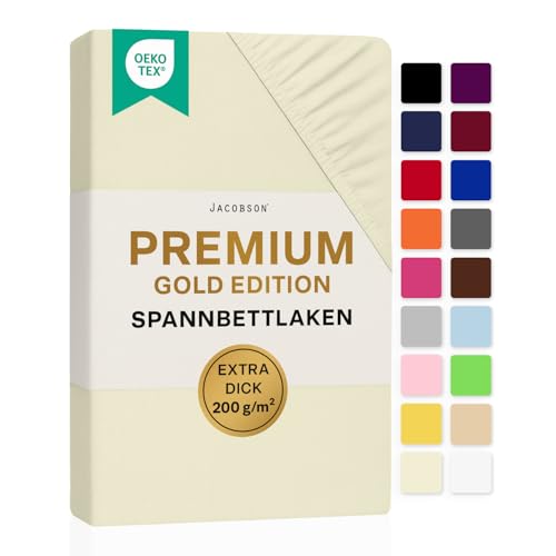 Jacobson Premium Spannbettlaken 200 g/m² Jersey Baumwolle mit Elasthan (120x200-130x200 cm, Natur)