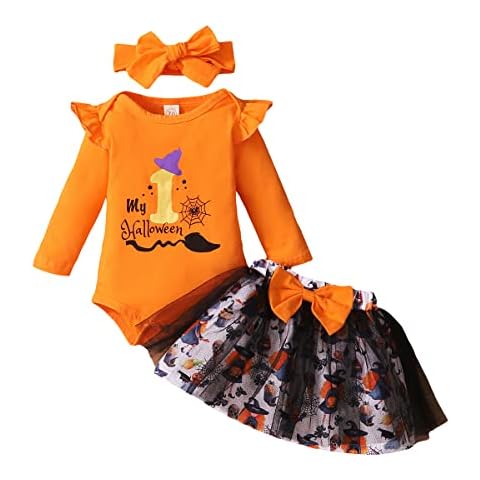 QUNERY Newborn Baby Girls My 1st Halloween Clothes Pumpkin Print Long Sleeve Romper Skirt Cute Clothing Fall Outfits Sets halloween-2 3-6 months Cover