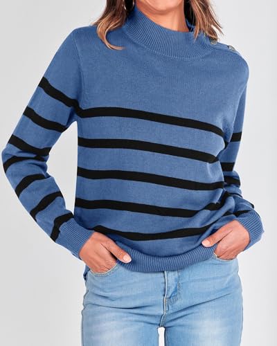 KIRUNDO Fall Sweaters for Women 2026 Striped Turtleneck Ribbed Knit Sweater Trendy Pullover Jumper Winter Fashion Clothing(Small, Denim Blue) — view 6