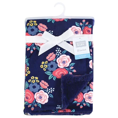 Image of Hudson Baby Infant Girl Plush Blanket with Furry Binding and Back, Navy Bold Floral, One Size