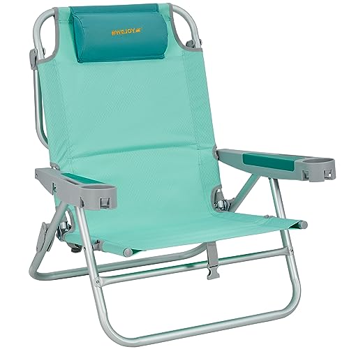 #WEJOY Oversized Beach Chair with Backpack Strap, 5 Adjustable Folding Reclining Beach Chairs,Portable High Back Low Backpacking Chair with Bottle Opener,Phone&Cup Holder for Camping Sand,300 Lbs