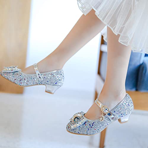 Walofou Flower Girls Dress Shoes Glitter Silver Girl Shoes Mary Jane Princess Shoes Girls' High Heel Girls' Ballerina Flat For Toddler/Little Kid Girls' Shoes/Big Kid (0501 Glitter Silver 11) #TOP2
