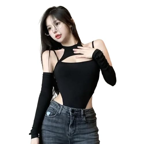 OUBOSI Body Dos Nu Sexy pour Femmes, Justaucorps Une Pièce À La Mode Y2k, Débardeur Gothique, Col Suspendu, Hauts Patchwork, Cadeaux,Noir,L