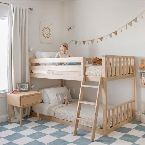 Max & Lily Twin Over Twin Scandinavian Low Bunk Bed Solid Wood Kids Bunk Bed with 14 Guardrails Blonde Finish Space-Saving Design