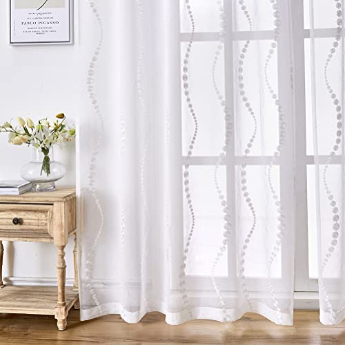 Vorhänge aus europäischem Leinenimitat, durchsichtig, bestickt, für Schlafzimmer, Stangentasche, 2 Paneele (weiß-gewellt, 132,1 cm B x 243,8 cm L, 2 Paneele) Cover