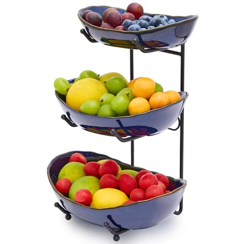 DUJUST Frutero 3 Pisos de Cerámica, Cesta de Frutas de 3 Niveles para Cocina, Frutero de Varios Niveles Moderno y Salvaspacio, Ideal para Frutas, Verduras y Snacks, Apto Lavavajillas y Microondas