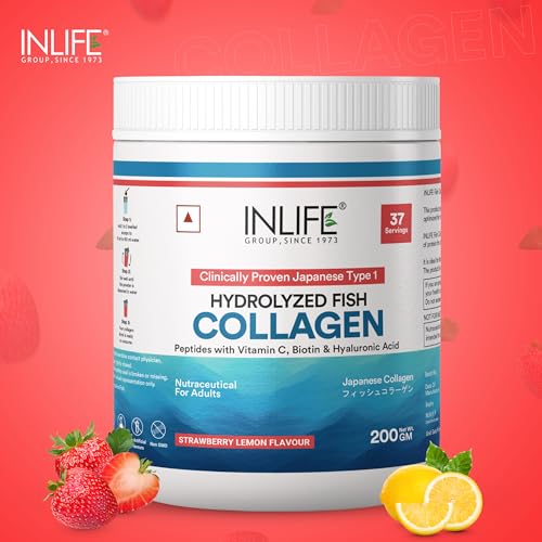 Image of INLIFE Japanese Marine Collagen Supplements for Women & Men | Clinically Proven Ingredient with Biotin, Hyaluronic Acid, Vitamin C & Glucosamine (200g, Strawberry)