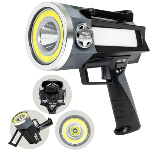 Star Patrol Platinum Mega-Bright Rechargeable Spotlight AS SEEN ON TV Tactical Flashlight 10 Modes Turbo Boost Up to 100% Built-in Kickstand & Phone Charger for Camping Emergencies 9 in Black