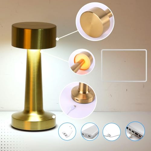 Image of Golden Round LED Table Lamp 3 Color Modes Warm Cool Natural Light, Dimmable Brightness, 1200mAh Rechargeable Battery, Portable Night Light for Bedroom Bedside Desk Home Decor Use -Touch Control