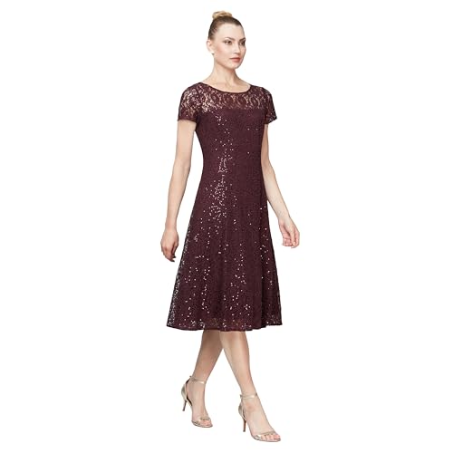S.L. Fashions Women's Short Sleeve Sequin and Lace Tea Length Mother of The Bride Dress (Petite and Regular Sizes)