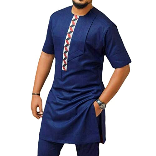 Men's African Outfit 2 Piece Set Short Sleeve Shirt and Pants Traditional Suit Round Neck Slim Fit Tops (Color : Blue, Size : Large)