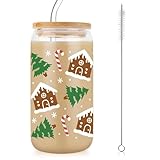 Calkkrer Feengeschenk Lebkuchenhaus Vaso de Vidrio con Tapa y Pajita, Adorable Taza de Café Navideña de Vidrio, Taza Navideña con Tapa y Pajitas