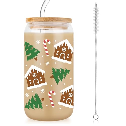Calkkrer Feengeschenk Lebkuchenhaus Vaso de Vidrio con Tapa y Pajita, Adorable Taza de Café Navideña de Vidrio, Taza Navideña con Tapa y Pajitas