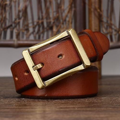 Rugged Vintage Men's Leather Belt -5mm Thick Genuine Cowhide with Solid Brass Buckle,Classic Jeans Strap for Casual Wear(130cm/51, Brown)3