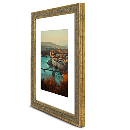 Image of Golden State Art, 11X14 Ornate Finish Photo Frame with White Mat for 8x10 Picture & Real Glass. Color: Distressed Gold