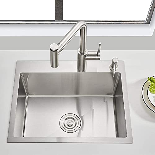 Ougoo 25 X 18 Inch Drop-In Tight Radius 18 Gauge Stainless Steel Topmount Kitchen Sink Single Bowl #TOP1