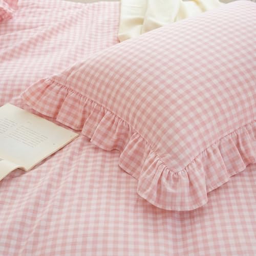 Image of Nayoroom Gingham Duvet Cover Queen Size Pink Ruffle Plaid Checkered Duvet Cover 3 Pieces Soft Washed Microfiber Vintage Farmhouse Dorm Bedding Set Gifts for Women Men