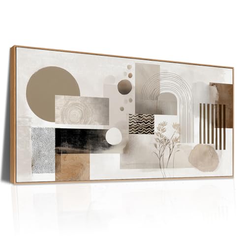 Sorbrozo Framed Abstract Arch Wall Art Modern Geometric Line Art Canvas Print Natural Wood Frame Minimalist Boho Earth Tone Decor for Living Room Bedroom Office 24x48 inch