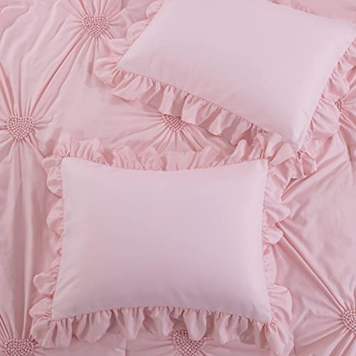 Hombys Pink Bedding Comforter Set For Girls, 3 Piece Blush Pinch Pleat Comforter Set With Ruffles For All Season，Full/Queen Size #TOP3