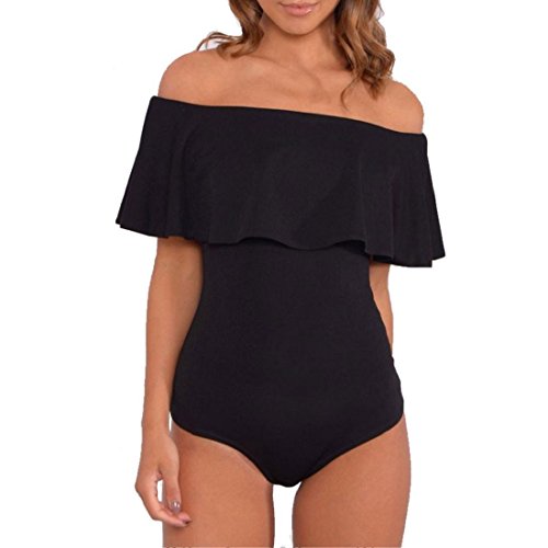 Orangeskycn Fashion Bardot Off Shoulder Sleeveless Frill Bodysuit Leotard Top (L)
