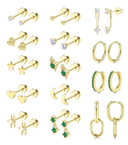 LOLIAS Hypoallergenic Surgical Steel Earrings for Sensitive Ears 20G Silver/Gold Flat Back Earrings for Women Trendy Small Stainless Steel Earrings Dainty Flatback Stud Hoop Earring Sets for Multiple Piercing 14Pairs
