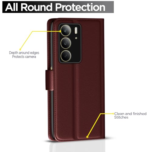 Image of Pikkme Flip Cover Leather Finish | Inside TPU with Card Pockets | Wallet Stand and Shock Proof | Complete Protection Button Flip Case for Realme C75(Brown)