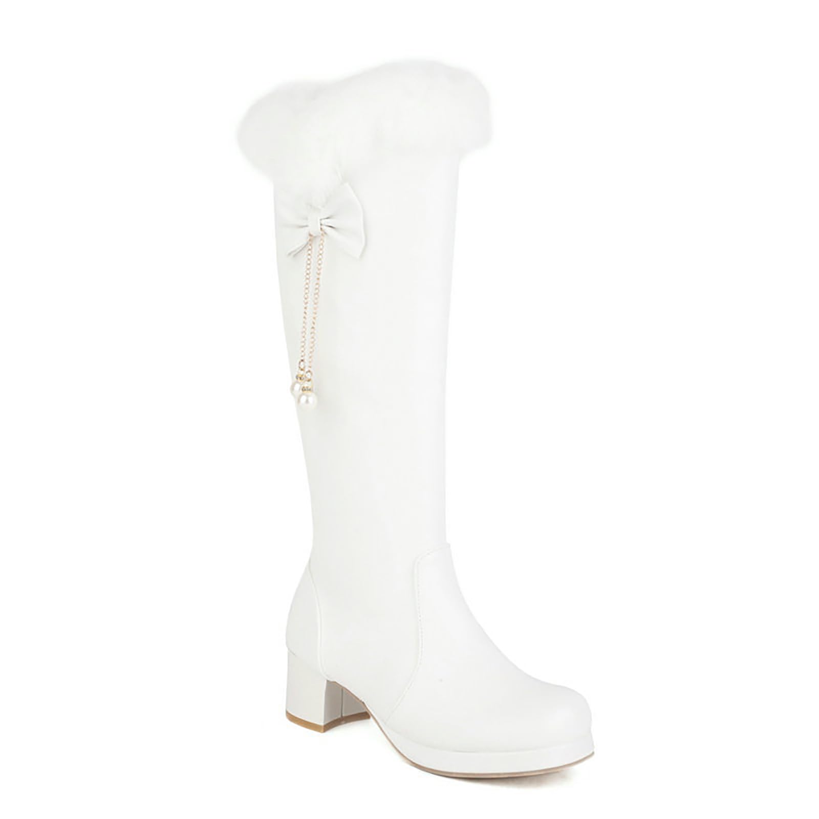 Womens Winter Low Block Heel Thigh High Snow Boots Fashion Thick Rabbit Fur Collar Comfort Warm Waterproof Slip-On
