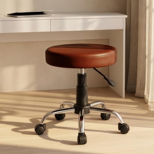 Image of DIYA Seating Nexa Round Stool (1 Year Warranty) with Adjustable Height, Wheels and Bonded Leather Upholstery, Sitting Stool for Salon, Doctor, Medical, Spa, Restaurant, Kitchen, Musicians- Brown