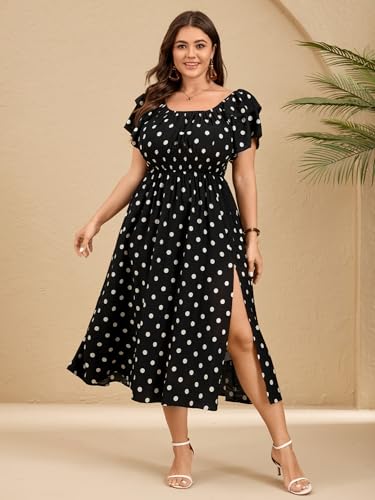 Image of Plus Size Maxi Dress Off The Shoulder Ruffle Smocked Wedding Guest Cocktail Slit Hem Flowy Dresses for Curvy Women