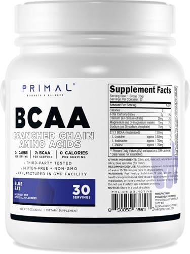Primal BCAA Powder Blue Raz (30 SERV) (Blue Raspberry Flavored) - 0 g Carbs, 0 Calories, 7g BCAA Per Serving