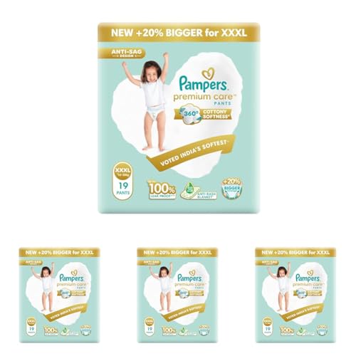 Image of Pampers Premium Care Pant Style Baby Diapers XXXL 19 Count | No Marks Design | Voted India's #1 Softest Diaper | All in 1 diaper with 360 Cottony Softness (Pack of 4)