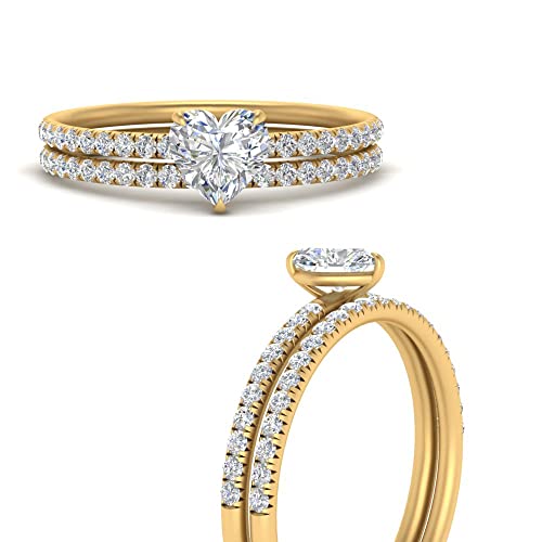 Image of Choose Your Gemstone Pave Petite Ring with Matching Wedding Band Yellow Gold Plated Heart Shape Wedding Ring Sets Minimal Modern Design Birthday Gift Wedding Gift US Size 4 to 12