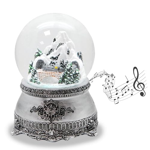 Schneekugel Berglandschaft mit Brücke | Sockel Zinnoptik Ornamente | mit Spieluhr | Schüttelkugel Weihnachtsdekoration | B: 10 cm H: 14 cm | 20255