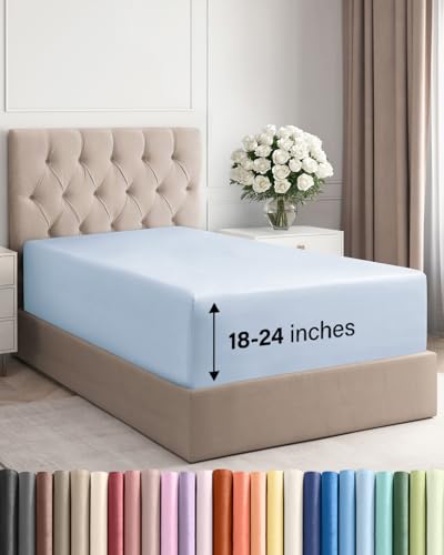Image of Deep Twin XL Fitted Sheet - College Dorm Room Essentials - Sky Blue | Easily Fits 18 inch to 24 inch Mattress, Wrinkle Resistant, Soft, Breathable & Comfy, Extra Deep Pockets Fitted Sheet