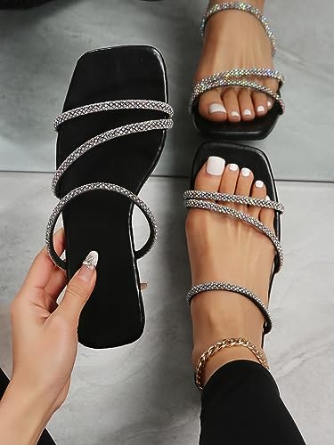 Image of GORGLITTER Women's Rhinestone Wedding Flat Sandals Sparkly Strappy Glitter Dressy Slip on Bling Bridal Prom Cute Slide Shoes