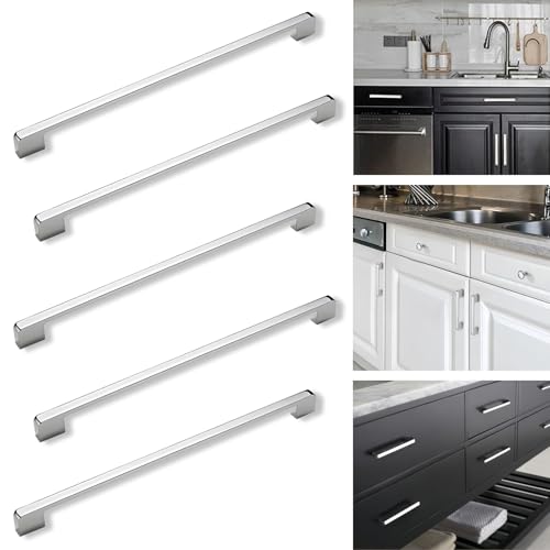 Boxonly 5 Pcs Door Handles, Bright Chrome American Style Zinc Alloy Drawer Cupboard Wardrobe Door Handle, Kitchen Hardware Cabinet Pulls (Hole Centers:224mm)