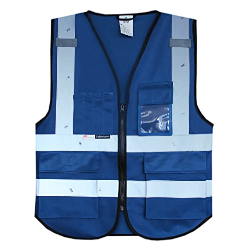 Salzmann Gilet de Sécurité/Gilet de Travail/Veste de Haute Visibilité fabriqué avec Matériau Scotchlite 3M Réfléchissant avec Quatre Poches et Fermeture Éclair, Bleu, L/XL