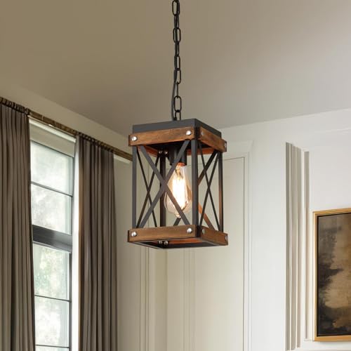 2 Pack Rustic Farmhouse Plug in Pendant Light Fixture with Adjustable Chain, Oak Wood and Metal Lantern Cage Mini Hanging Lamp for Kitchen Island Living Room Hallway Farmhouse Bar, Black by RKUCSR - Image 7