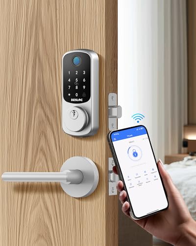 Image of DESLOC B200 Fingerprint Smart Lock with 2 Lever Handles, Keyless Entry Front Door Lock Set, Electronic Keypad Deadbolt, App Control, Auto Lock, Long Battery Life,Silver
