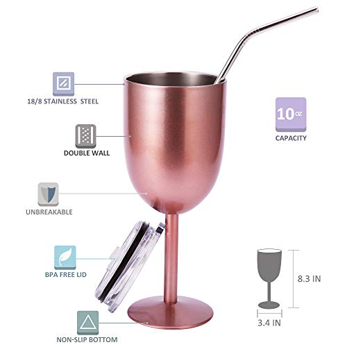 AMZUShome Stainless Steel Wine Glasses(2 Pack).Double Walled Vacuum Insulated Wine Tumbler Cups With Lid and Straw.Friendship,Christmas,Birthday Gifts for Women Men Friends Dad Mom(10oz Rose Gold)
