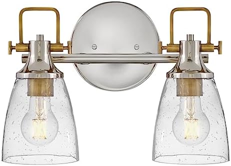 Hinkley Easton Two Light Bath Vanity Fixture, Modern Industrial, Clear Seedy Glass Shade, Mounts Up or Down, Polished Nickel and Heritage Brass