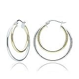 Sterling Silver Two-Tone Double Circle Round-Tube Polished Hoop Earrings, 30mm