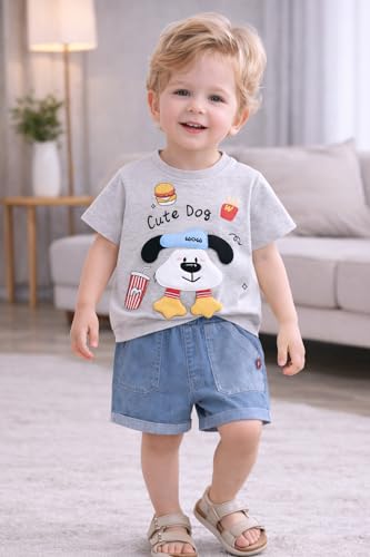 Image of Bold N Elegant Half Sleeve Pure Cotton Baby Boy Girl 3D Cartoon Smiley Animals T-Shirt with Denim Shorts Smart Casual Outfit for Infant Toddler Kids Upto 5 Years