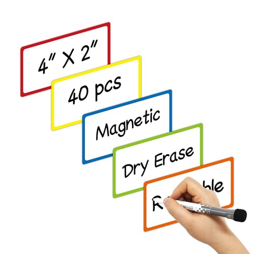 MVISUAL Colored Border Magnetic Dry Erase Labels 4x2 Inch, Reusable Magnetic Dry Erase Labels for Classroom Office Whiteboards，Pack of 40