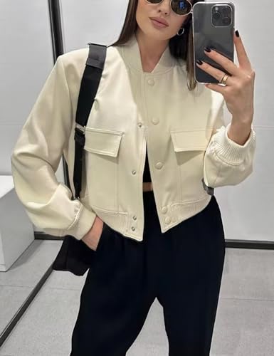 Womens Cropped Baseball Jackets Casual Button Down Bomber Varsity Jacket Coats Outerwear with Pockets3