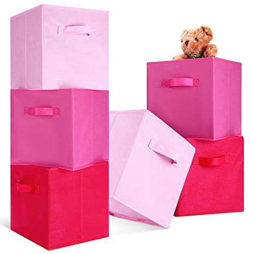Image of Karenhi 11" x 10. 5" x 10. 5" Pink Storage Cube, 6 Pack Fabric Cube Storage Bins Organizer Box, Collapsible Baskets with Handles Foldable Shelf for Cloth Toys Home Room Closet, Pack of 6