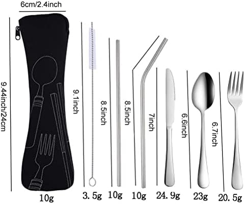 Cutlery Set with Portable Pouch Case, Reusable Camping Travel Cutlery Utensil Set with Bag Stainless Steel Flatware for Outdoor Picnic Office School Lunch (7Pcs Black)