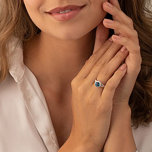 PEORA London Blue Topaz Ring for Women 925 Sterling Silver, Vintage Halo Design, Natural Gemstone, 1.50 Round Shape 7mm, Sizes 5 to 92